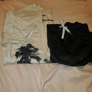 Beige and Black Palm Tree T-Shirt and Shorts Set